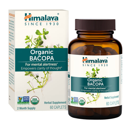 Himalaya Bacopa Monnieri caplets in a bottle for easy daily memory and calm support.