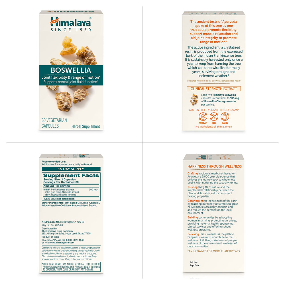 Himalaya Boswellia dosage guide showing two capsules daily
