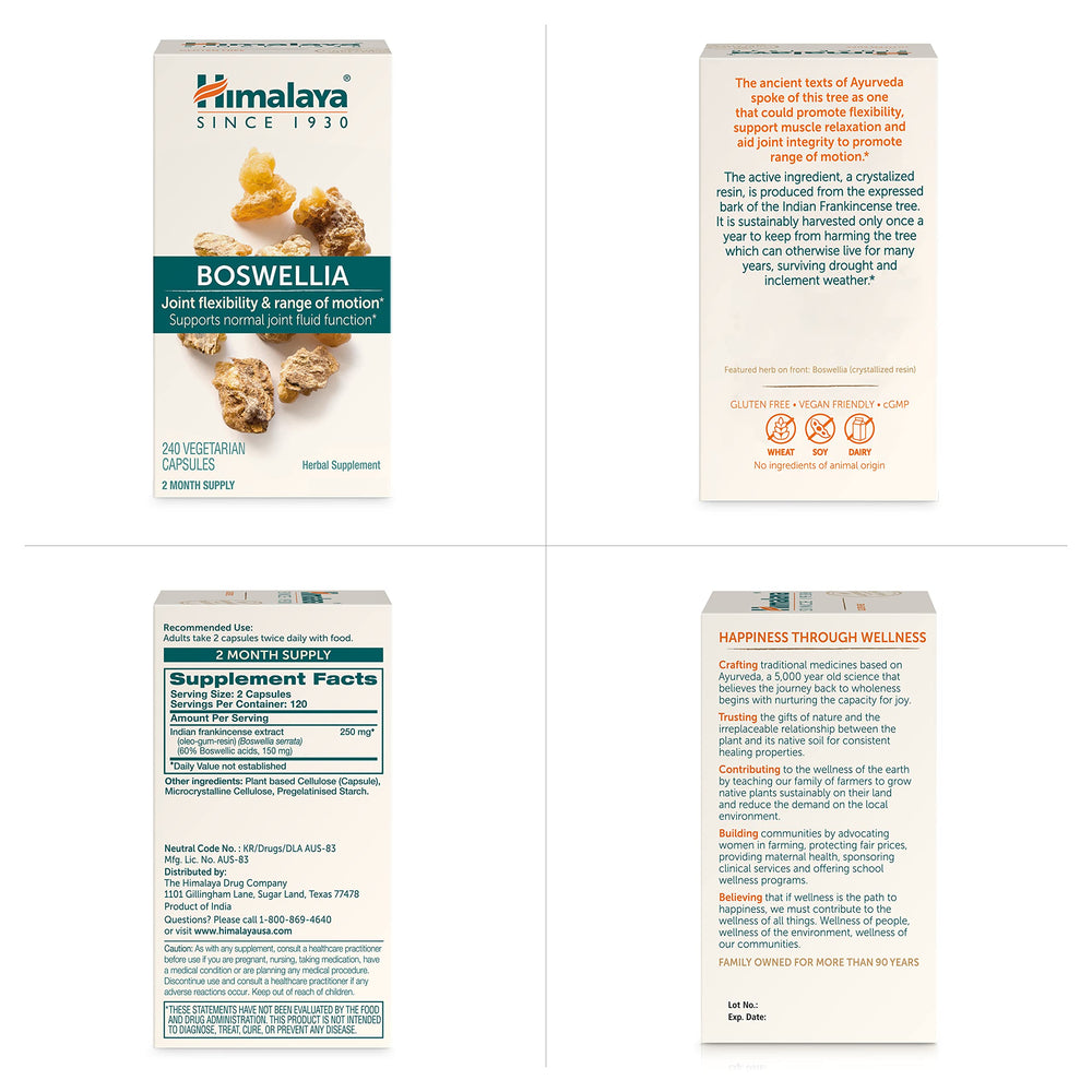 Himalaya Boswellia capsules beside glass of water ready to take.