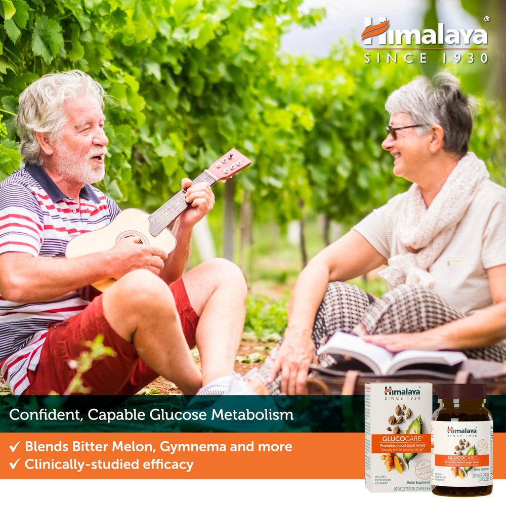 Himalaya GlucoCare capsules close-up showing vegan softgels
