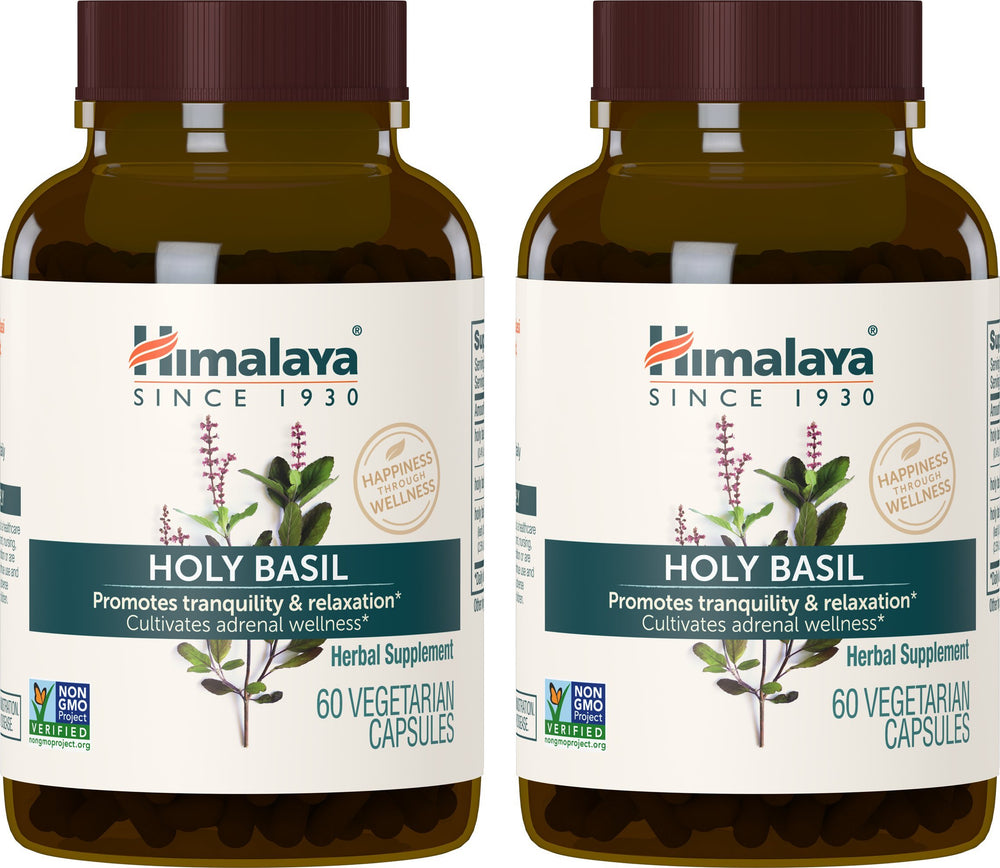 Himalaya Holy Basil bottle front with 720 mg capsules for daily stress support.