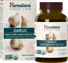 Himalaya Organic Garlic caplets label closeup showing organic, non-GMO ingredients
