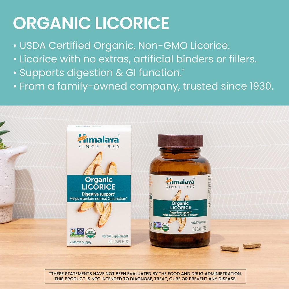 Himalaya Organic Licorice caplets closeup highlighting size and texture