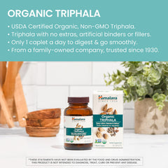 Himalaya Organic Triphala label view indicating organic and vegan features.