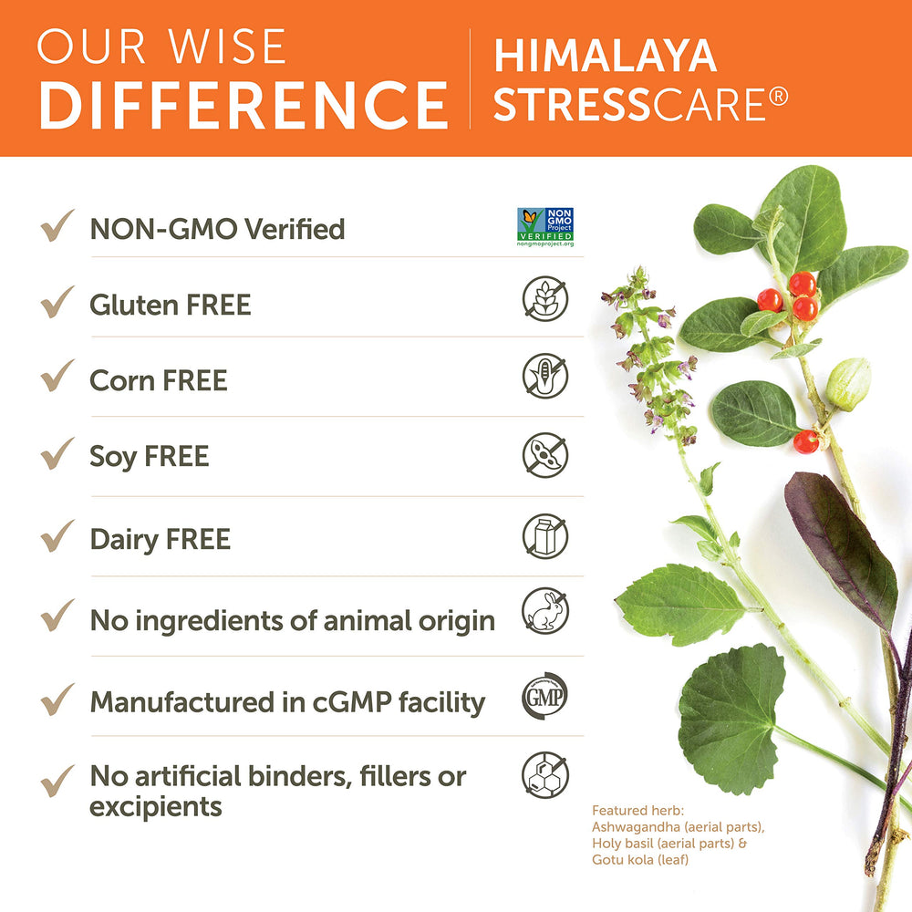Himalaya StressCare bottle label highlights Ayurveda blend for balance.