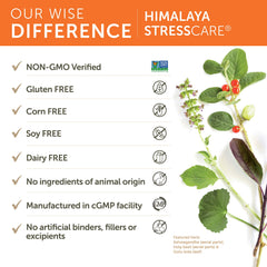 Himalaya StressCare bottle label highlights Ayurveda blend for balance.