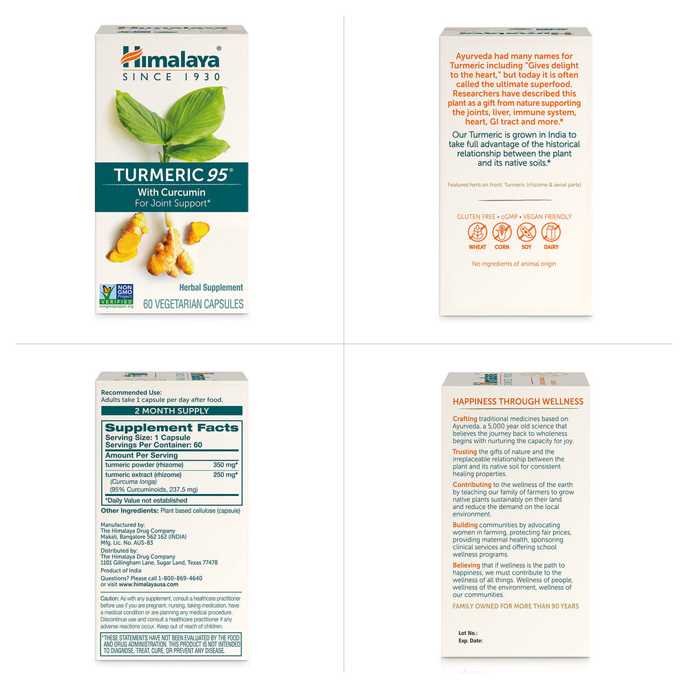 Himalaya Turmeric95 bottle label highlights curcuminoids and joint support potential.