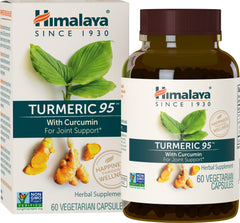Himalaya Turmeric95 capsules closeup highlights 95% curcuminoids for mobility.