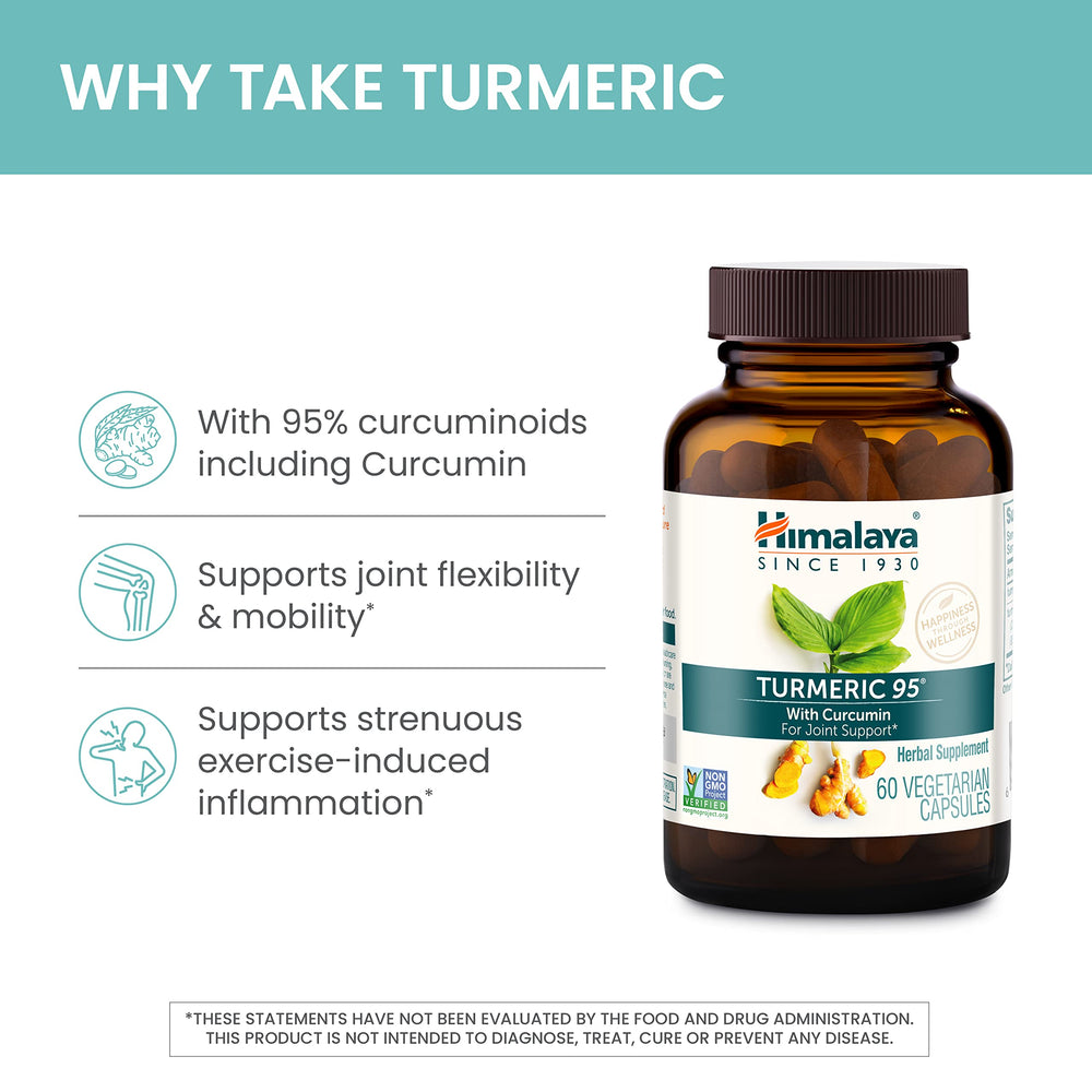 Himalaya Turmeric95 packaging with herbs hinting Ayurveda wellness.