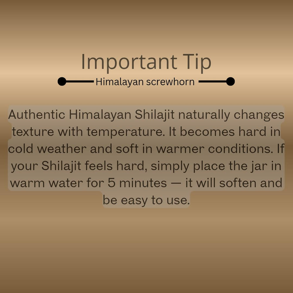 Himalayan Screwhorn Shilajit resin pour highlights easy mix into drinks for sustained energy.