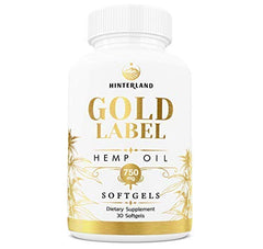 Hinterland Gold Label hemp oil softgels bottle highlights high-potency 25 mg capsules for daily wellness