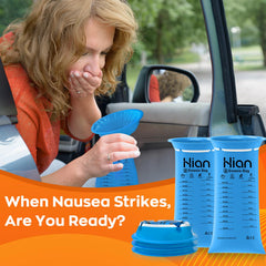 Hion emesis bags with leak-proof ring closure to prevent spills on the go.