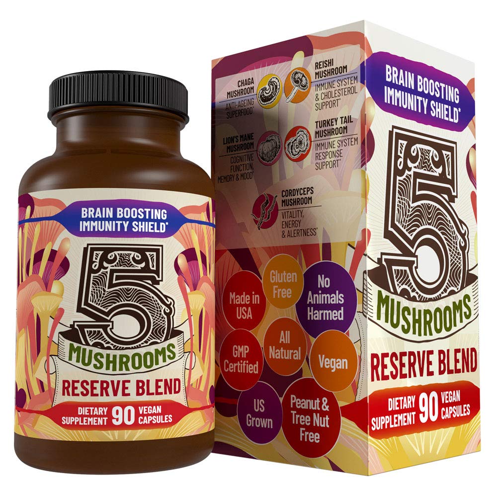 Hippie Farms 5 Mushrooms Reserve Blend bottle shown for daily immune support.