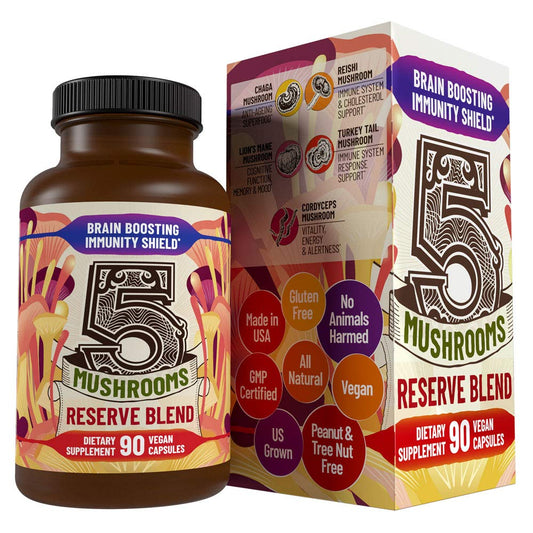 Hippie Farms 5 Mushrooms Reserve Blend bottle shown for daily immune support.