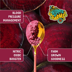 Hippie Farms Beet Root Capsules outer pack beside glass of water.