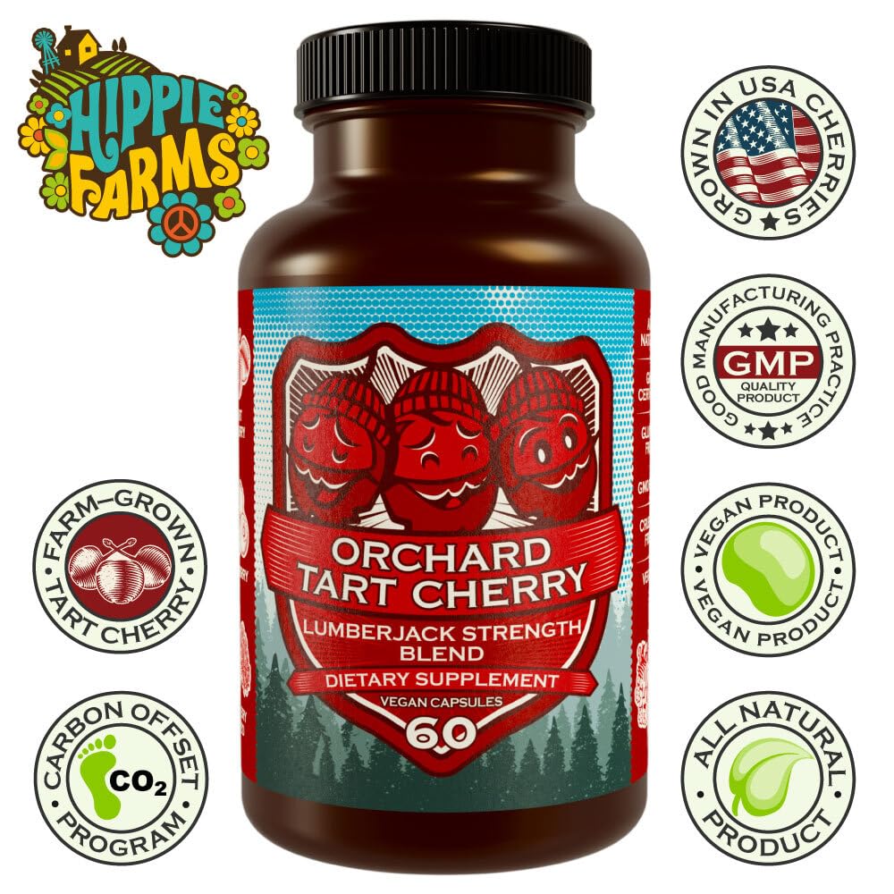Hippie Farms bottle label Tart Cherry Powder Blend showing a sugar-free, potent daily option.