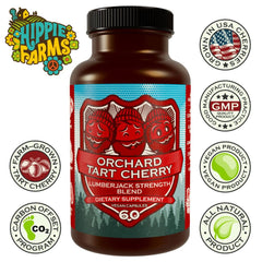 Hippie Farms bottle label Tart Cherry Powder Blend showing a sugar-free, potent daily option.