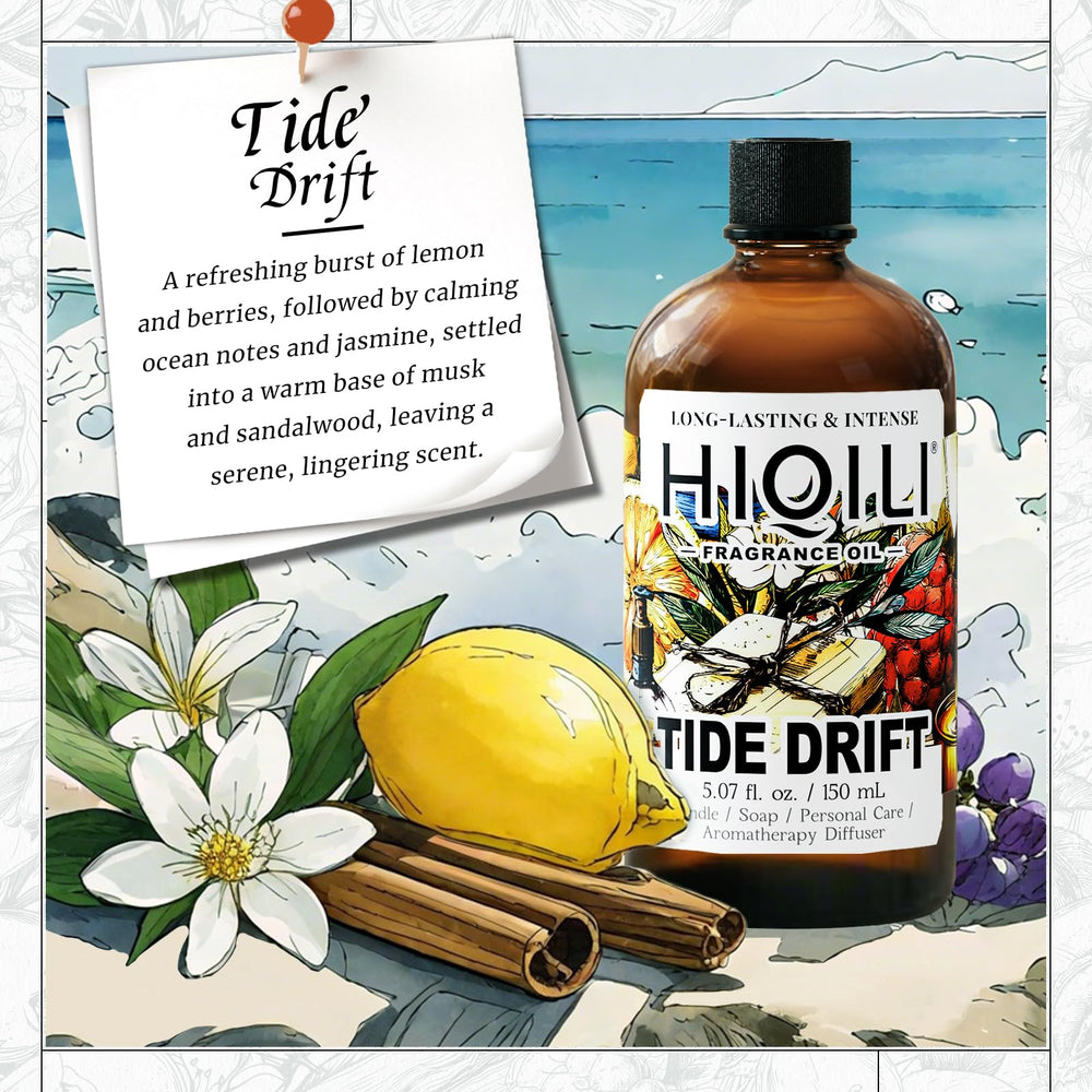 HIQILI Tide Drift fragrance oil label displaying ocean and jasmine notes.