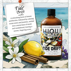 HIQILI Tide Drift fragrance oil label displaying ocean and jasmine notes.