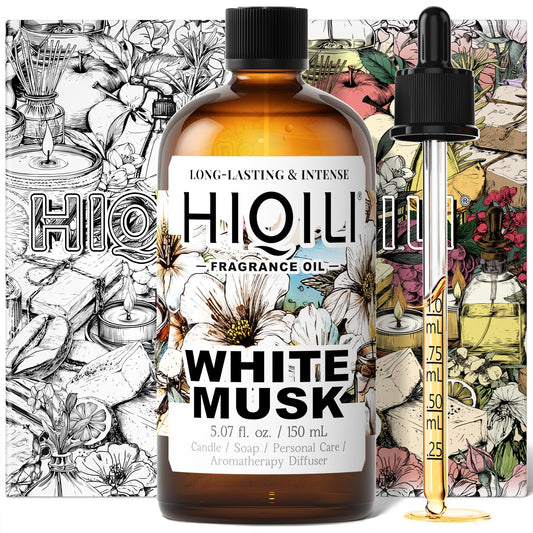HIQILI White Musk fragrance oil bottle close-up for rich, versatile scent creation in DIY projects.