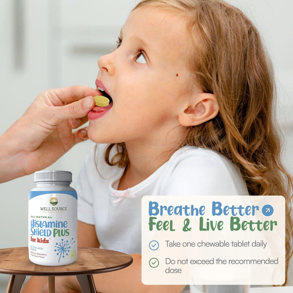 Histamine Shield Plus kids chewables closeup with tasty flavor fueling daily routine.