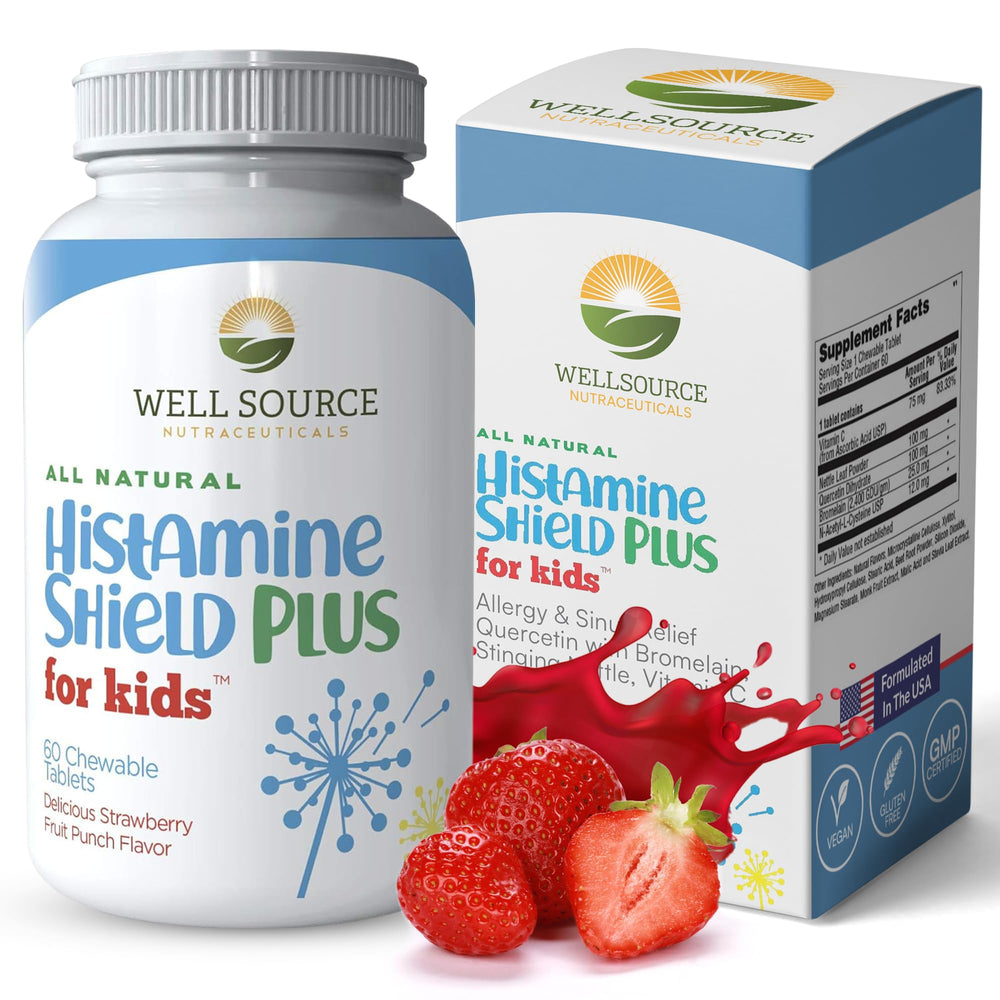 Histamine Shield Plus Kids strawberry punch bottle offering gentle allergy support.