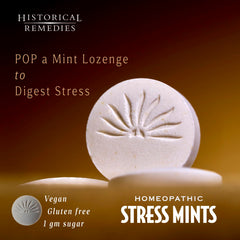 Stress Mints lozenges with organic peppermint flavor for refreshing relief.