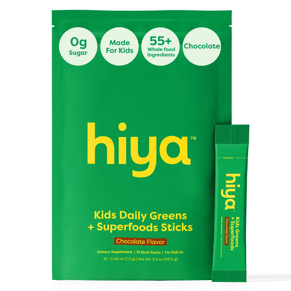 HIYA Kids Greens Powder chocolate bottle shows a kid-friendly daily greens ritual