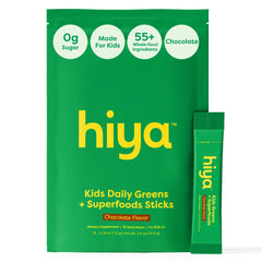 HIYA Kids Greens Powder chocolate bottle shows a kid-friendly daily greens ritual