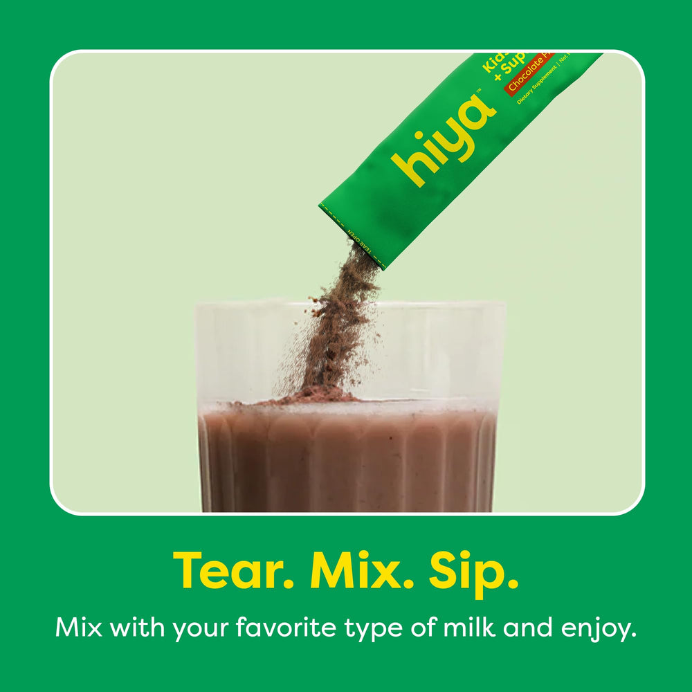 HIYA Kids Greens Powder chocolate ingredients panel emphasizes kale and berries