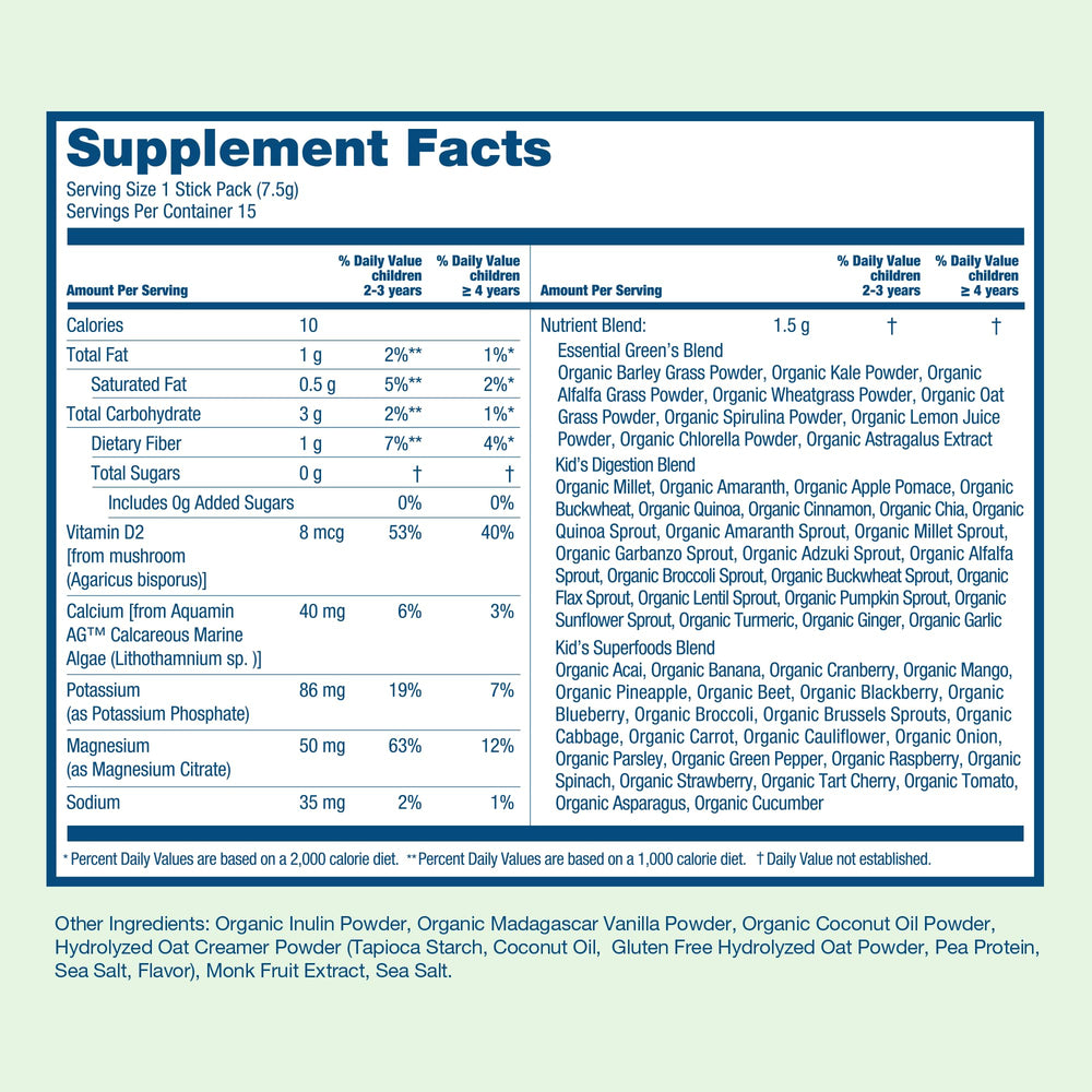 HIYA Kids Greens Powder Sticks Immune Support with berries complements routines