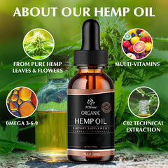 HMone Hemp Oil ingredients list highlights omega fats and vitamins.