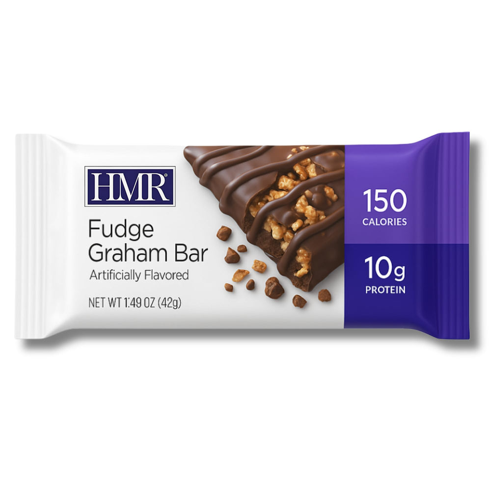 HMR Fudge Graham Protein Bar with drizzle topping highlights indulgent flavor