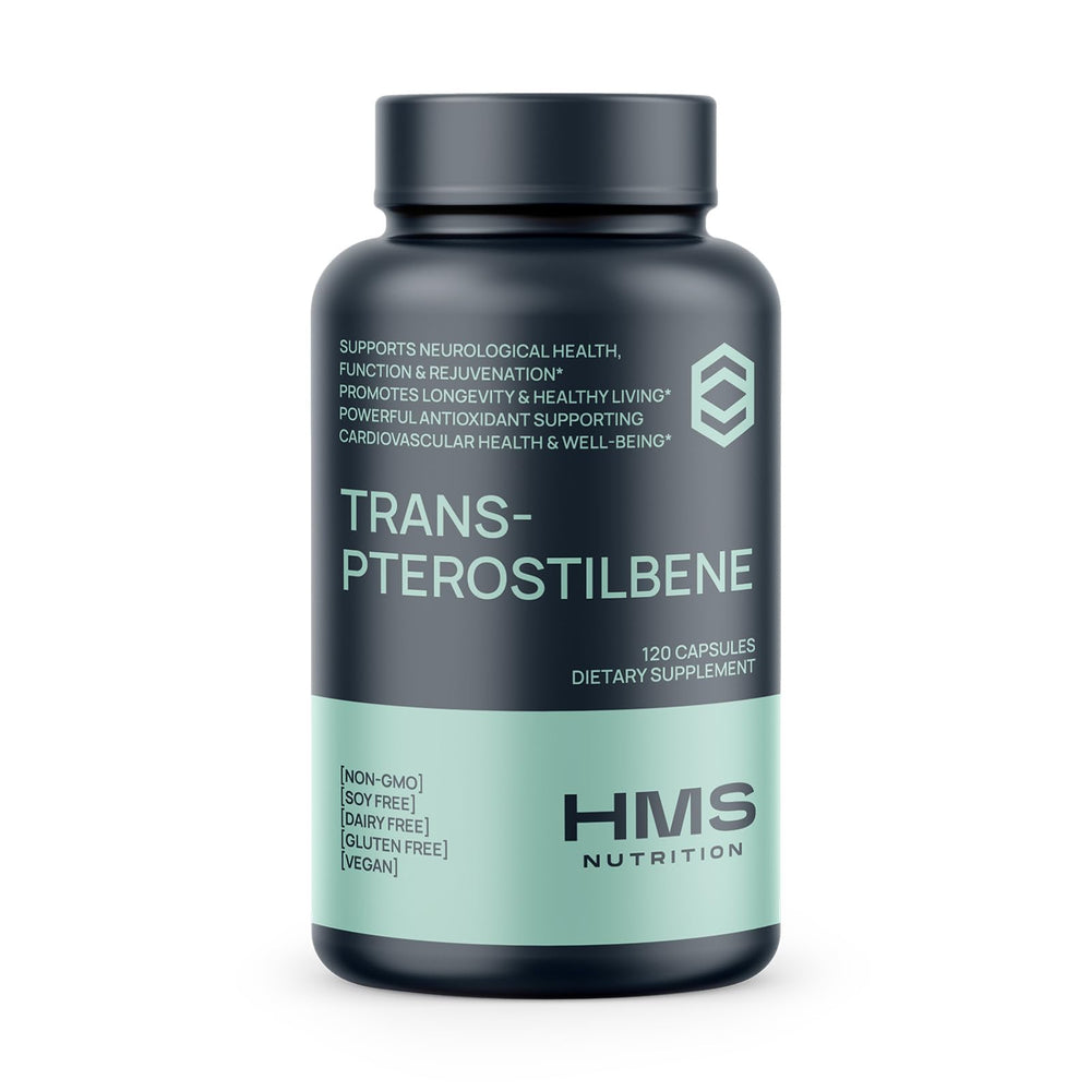 HMS Nutrition Trans-Pterostilbene 200 mg bottle supporting healthy aging