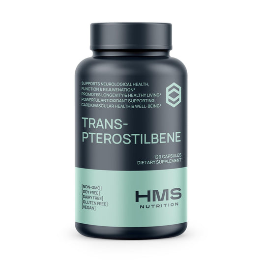 HMS Nutrition Trans-Pterostilbene 200 mg bottle supporting healthy aging