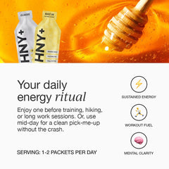 Runner's hand holding HNY+ Buzz Gel for on-the-go energy
