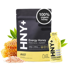 HNY+ Buzz Energy Gel pack open shows honey gel ready for quick fuel
