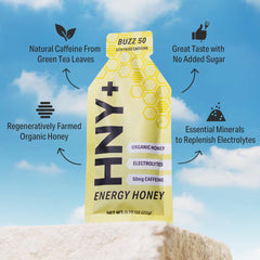 HNY+ Buzz Energy Gel in hand highlights portable, mess-free fueling
