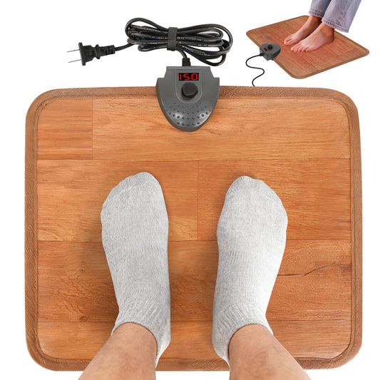 Hodeamy heated floor mat under desk on wood grain for warm feet during long workdays.