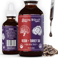 Hodgins Harvest Reishi plus Turkey Tail tincture bottle shows farm-to-table quality