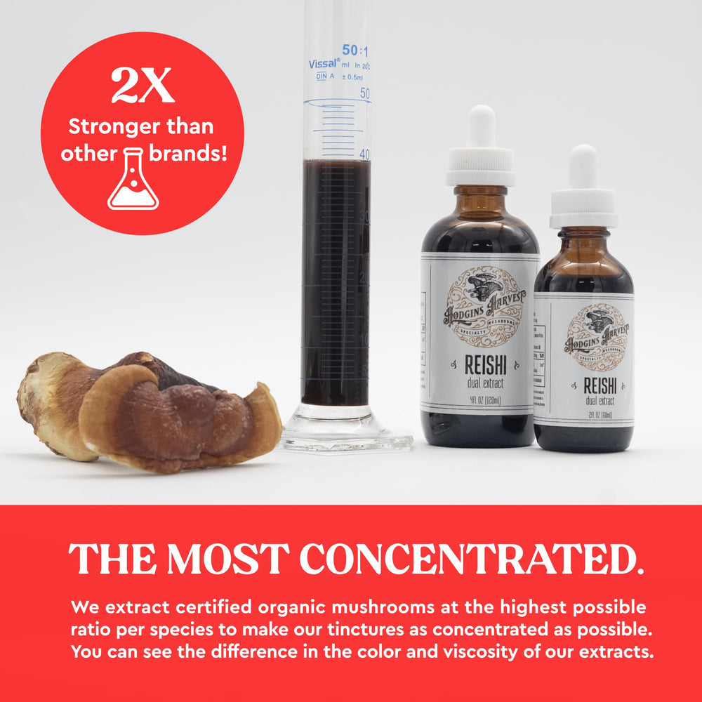 Hodgins Harvest Reishi tincture drops close-up reveal rich color.