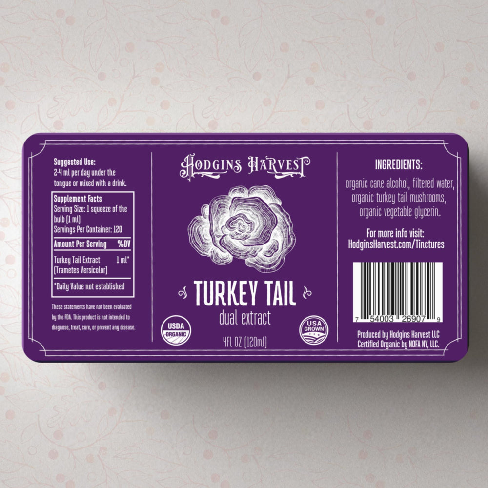 Hodgins Harvest turkey tail drops in amber bottle for antioxidant-rich daily use