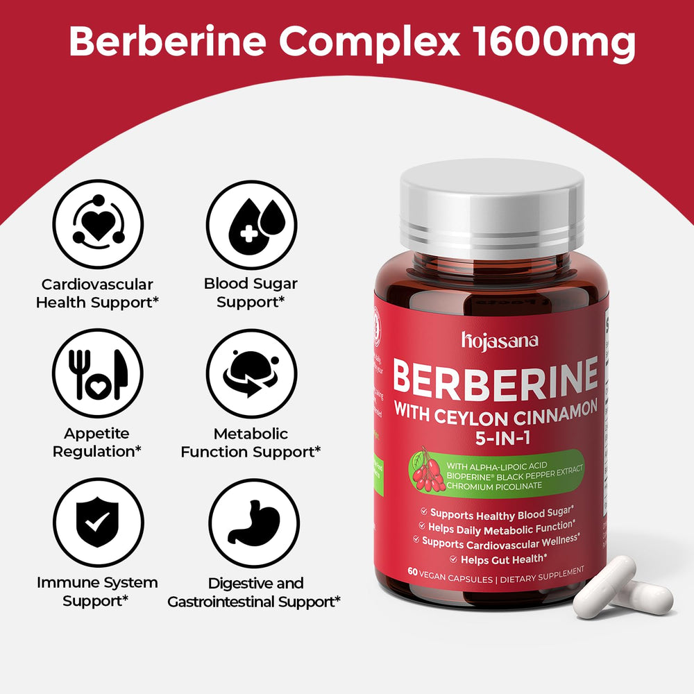 Closeup of HojaSana Berberine 1600mg capsules for everyday use.