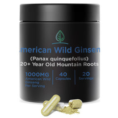 Holistic Bin Wild American Ginseng bottle; pure capsules for daily wellness.