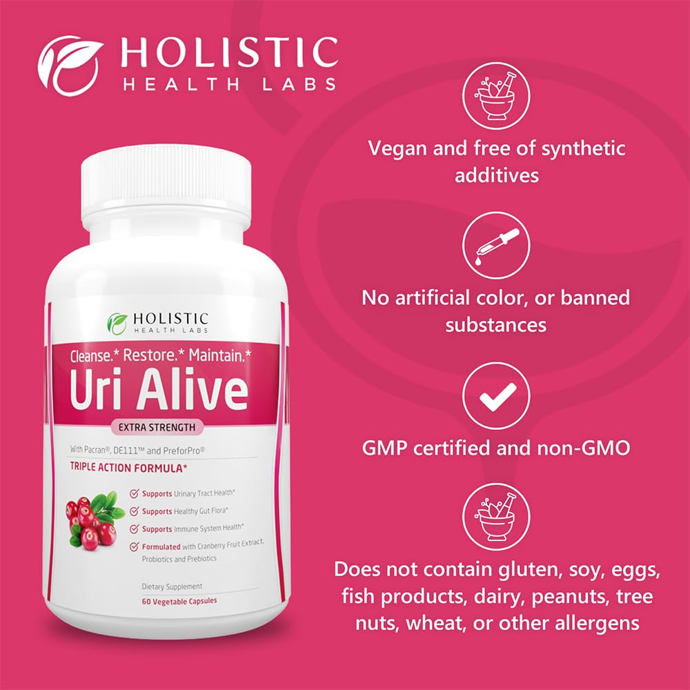 Uri Alive capsules pack highlighting cranberry and probiotic fortification for gut and urinary health.