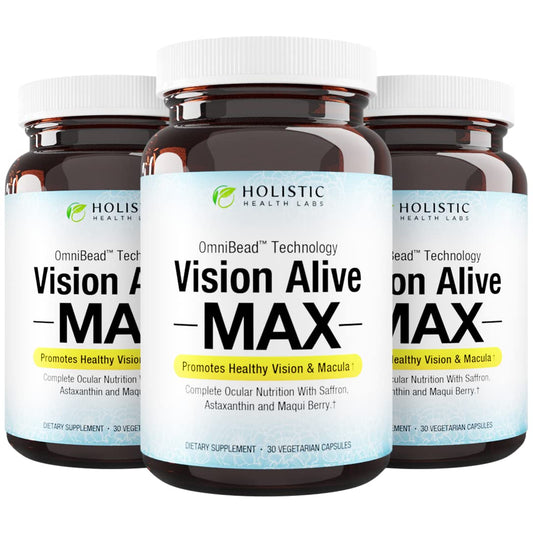 Vision Alive Max bottle by Holistic Health Labs on a clean surface, eye wellness in focus.