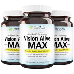 Vision Alive Max bottle by Holistic Health Labs on a clean surface, eye wellness in focus.