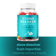 Holistic MD Stone Breaker gummies close-up highlighting strawberry flavor and fast absorption.