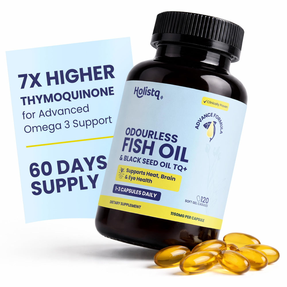 HOLISTQ odorless fish oil softgels bottle for easy daily dosing and no aftertaste.