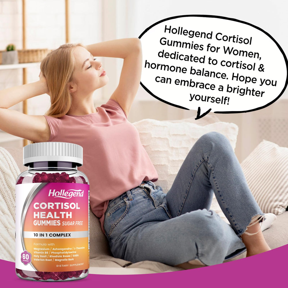 Relaxation-focused scene with HOLLEGEND cortisol gummies suggesting evening calm.